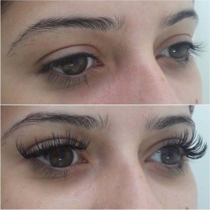 alongamento de cílios antes e depois